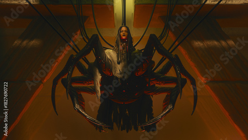 Tableau sur toile 3d rendering of beautiful, sad spider girl with long black hair in torn cloak hangs on wires connected to her spine and hacks the security system