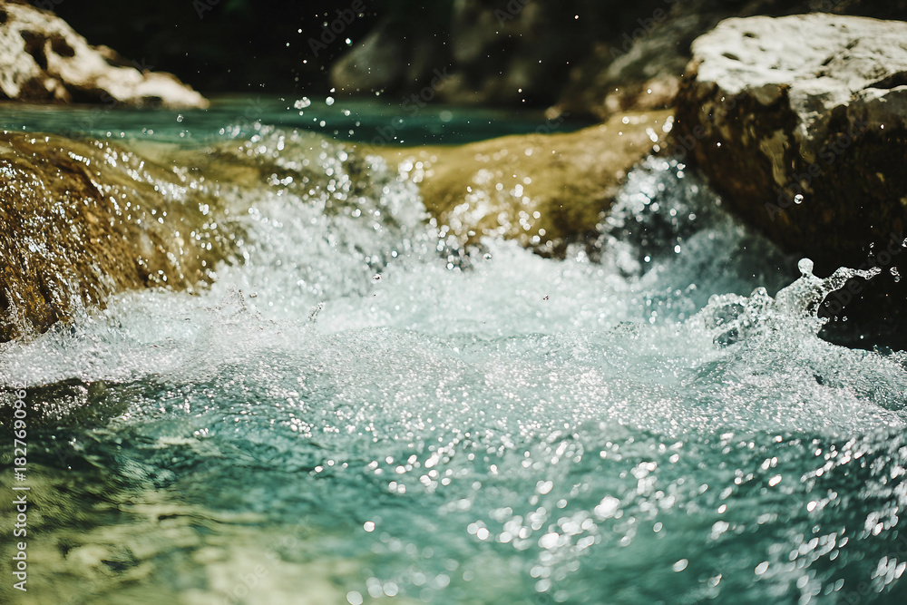 Fototapeta premium Majestic waterfall landscape with turquoise water and rocks, natural scenic beauty in motion, generative ai