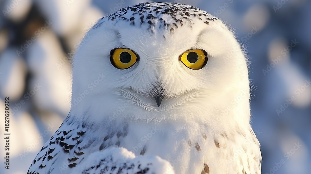 Fototapeta premium Snowy Owl with Striking Yellow Eyes in Its Arctic Habitat, Capturing the Essence of Wildlife Beauty