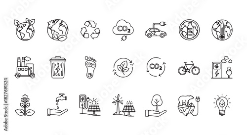 Set of ecology and environment icons simple line vector symbols for sustainable living and green ene