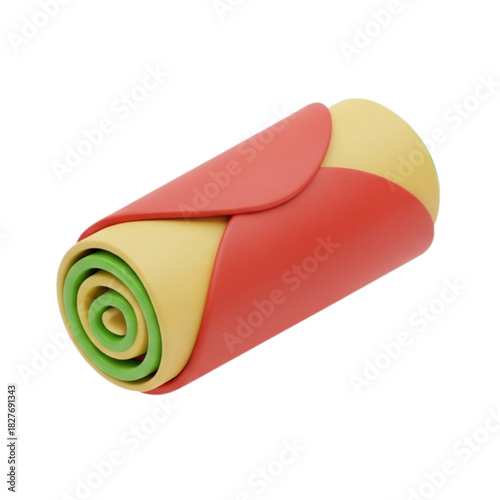 Stylized 3D graphic illustration of a vibrant food roll, showcasing distinct layers of red, yellow, and green, perfect as an appetising icon or decorative culinary element