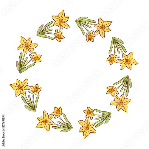 Wreath with Daffodil flower with yellow petals and green leaves. Floral illustration for spring design, greeting card and nature themed artwork in flat style.