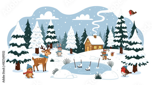 Winter Wonderland Animals Frolic by Frozen Pond Amidst Snow-Covered Trees