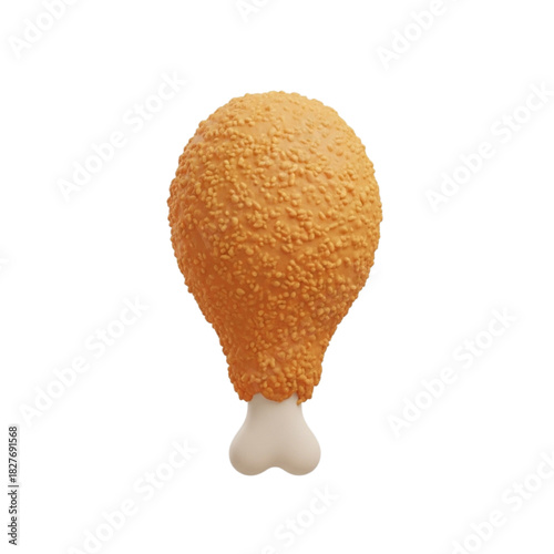A perfectly golden-brown, crispy fried chicken drumstick, isolated on a white background, showcasing its textured coating and bone