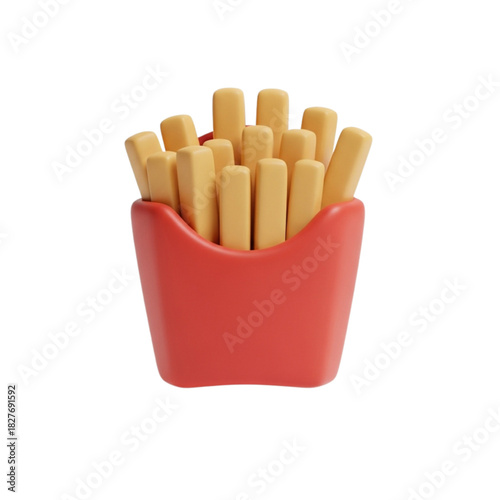 A 3D rendering of a french fries icon in a red carton, a classic fast food snack symbol illustration isolated on a white background