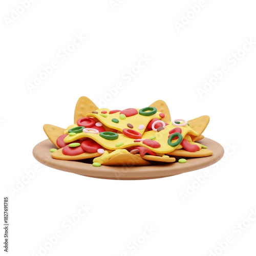 A vibrant 3D rendering of a classic plate of nachos topped with melted cheese, spicy jalapeños, and red peppers, presented as a stylized food icon illustration on a white background