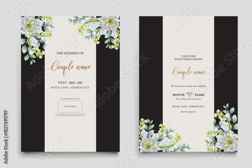 WEDDING INVITATION FRAME WITH FLOWER DECORATIONS AND FRESH LEAVES