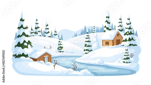 A tranquil winter landscape illustration featuring snow-covered cabins nestled by a frozen river and surrounded by pine trees