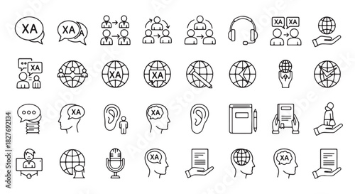 Set of translation and interpretation icons simple line vector symbols for global communication isol