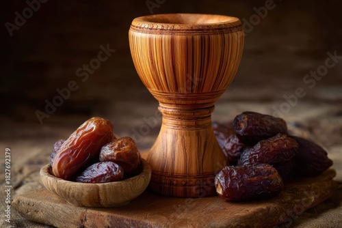 Premium Dates in Carved Wooden Bowl — Traditional Ramadan Food Photography