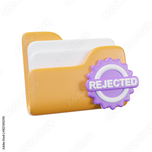 Glossy 3D icon of a file folder with a rejected stamp. This illustration represents a failed application, document denial, or disapproval in a work context