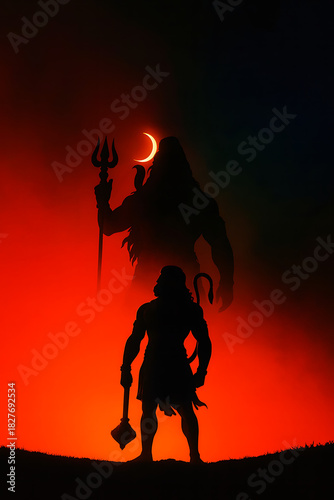 Silhouette of mighty hanuman standing before lord shiva, dramatic red and black, trishul, spiritual, hanuman jayanti, chalisa