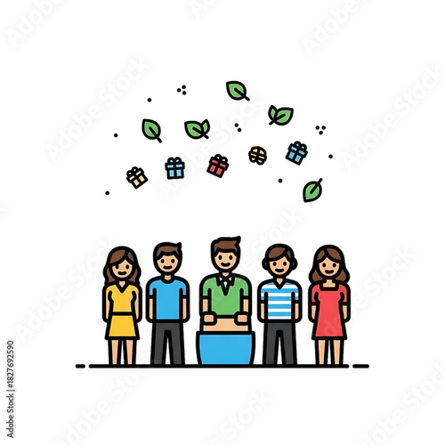 A diverse team stands together as gifts and holiday symbols float above them.