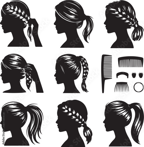 Elegant silhouettes of women with different hairstyles and hair accessories