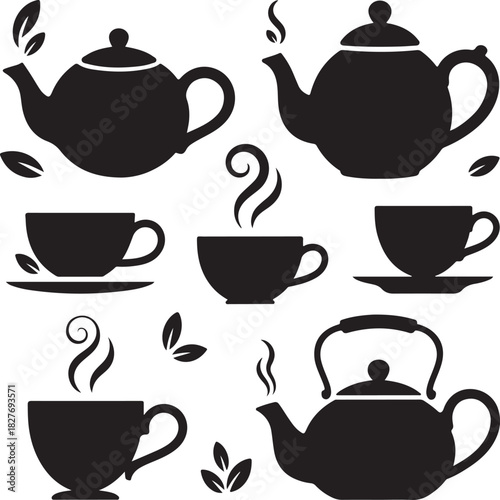 Elegant Tea Time Set Black and White Silhouette Vector Illustration