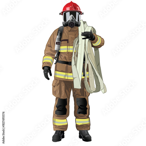 fireman standing with water hose isolated on white