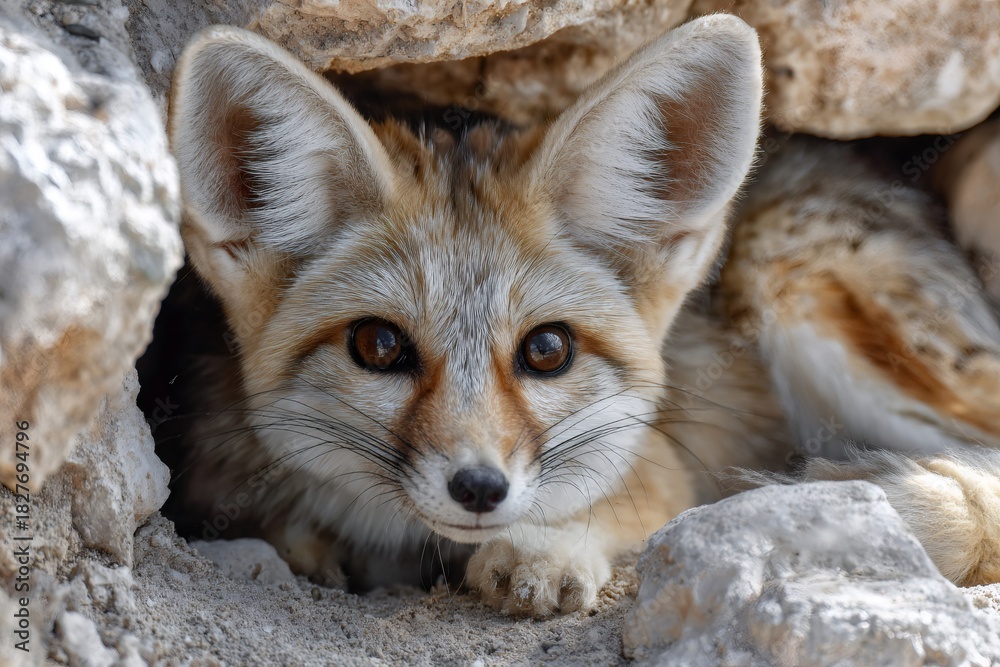 Obraz premium Blanford's fox peeking out from rocky den