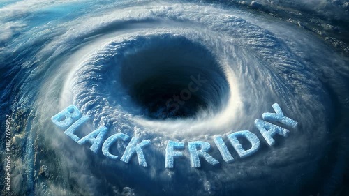 A mesmerizing visual metaphor for commercial frenzy, showcasing a swirling vortex with the chilling text 'Black Friday' artistically rendered in ice, evoking both urgency and excitement.