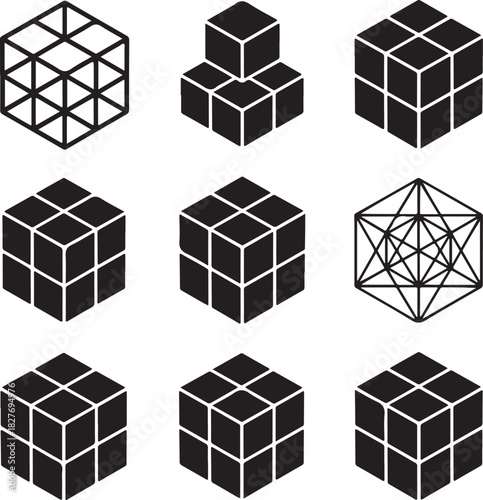 Geometric cube icons vector illustration collection with multiple arrangement styles