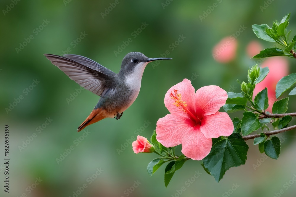 Obraz premium Hummingbird flying near pink hibiscus flower for nectar