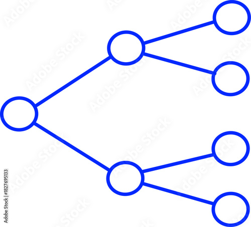 Minimalist blue line illustration of a binary tree or simple network graph structure, representing connections or hierarchical data.