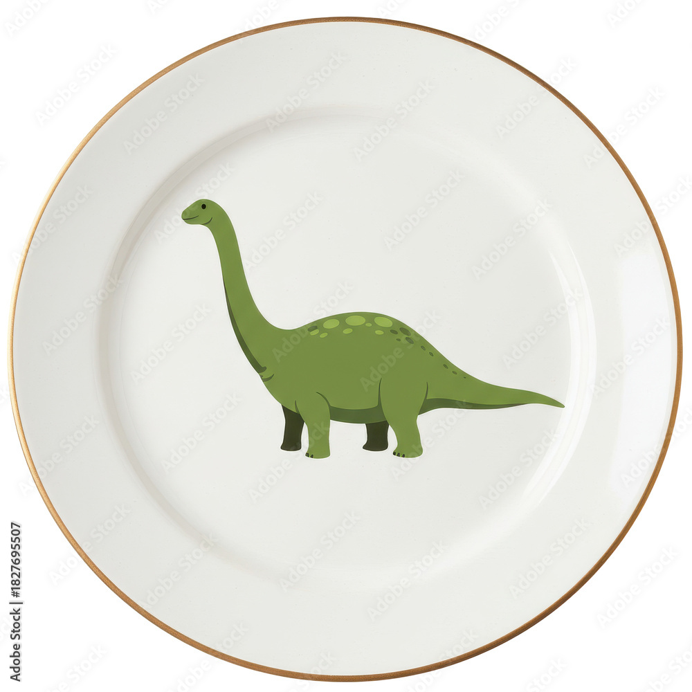 Fototapeta premium White Plate with Gold Rim Featuring a Green Dinosaur isolated on white background