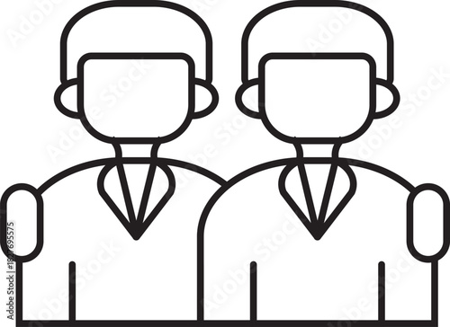 A black and white line art icon of two identical people standing together, representing twins or a team.