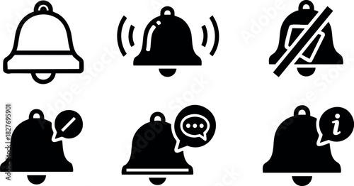 Notification bell icon set vector illustration with mute message and info variants in black style