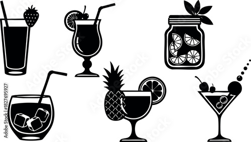 Various black silhouette cocktail drinks with fruits and ice cubes vector illustration