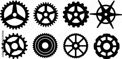 Set of eight different black gears wheel silhouettes vector illustration mechanical parts rotating elements isolated