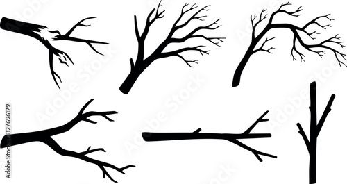 Set of black tree branches silhouette vector illustration isolated on white background natural shapes dry wood twigs