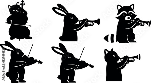 Black silhouette animals playing musical instruments vector illustration set rabbit raccoon cat with trumpet violin cello string orchestra