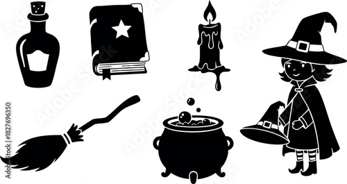 Witch potion book candle broom cauldron magic hat vector illustration silhouette design art
