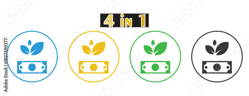 Money Savings and Investment Growth Icons, Conceptual illustration of a banknote with growing plant