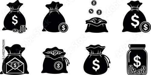 Money bag icons set with coins dollar currency savings vector illustration black silhouette