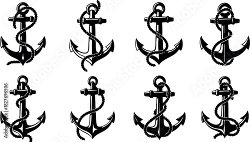 Set of ten vintage style black anchor vector illustrations with rope nautical theme for marine design and decoration