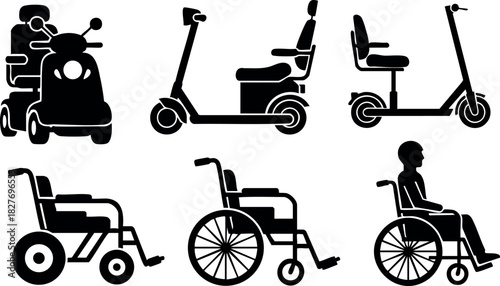Electric mobility scooters wheelchair silhouette vector icons modern transport devices for disabled people