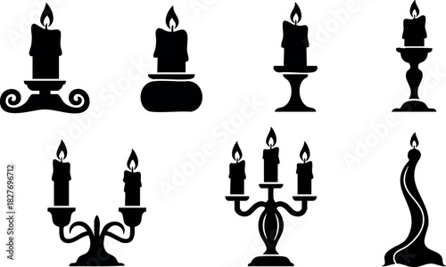 Set of black silhouette candle illustrations with different holders and shapes vector design