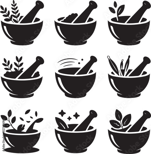 Mortar and Pestle Black Silhouettes Vector Illustration Collection for Medical Herbs