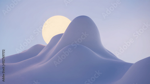 Minimalist Winter Landscape With Soft Snowy Hills and Glowing Sun at Sunrise