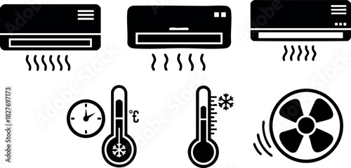Air conditioner icons set cooling heating temperature fan vector illustration black and white