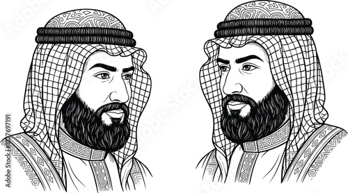 Two Middle Eastern men in traditional attire with keffiyeh and agal facing each other, cultural illustration in black white, flat vector