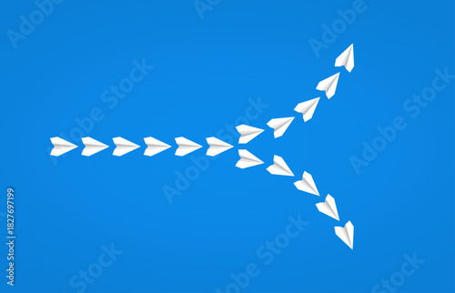 White paper planes diverging into multiple directions, symbolizing flexibility, choice, and exploring new possibilities
