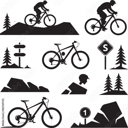 Mountain biking adventure icons and silhouettes for outdoor sports design