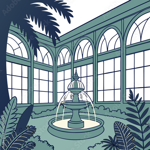 Luminous Glass Courtyard. Perfect for: Luxury eco design, architectural fantasy illustration, high-end vector art