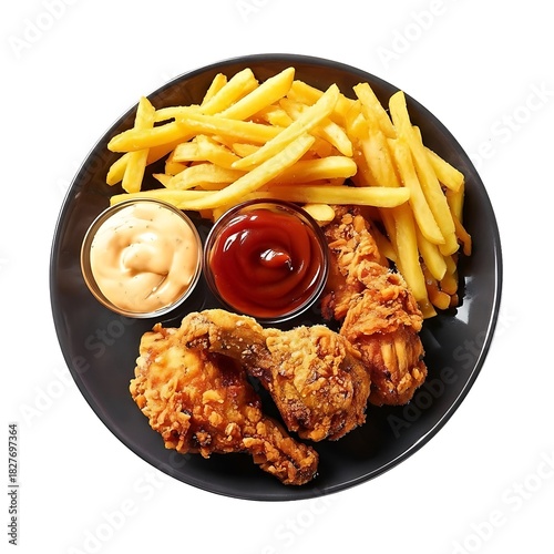 Illustration of fried chicken and fries with sauces on plate, isolated on white background