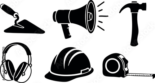 Construction tools trowel megaphone hammer headphones helmet tape measure vector illustration