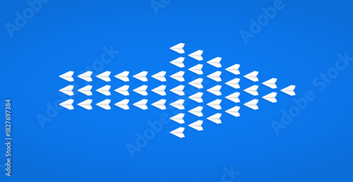 Multiple white paper planes arranged in an arrow shape pointing right, symbolizing progress, teamwork, and collective movement in a unified direction