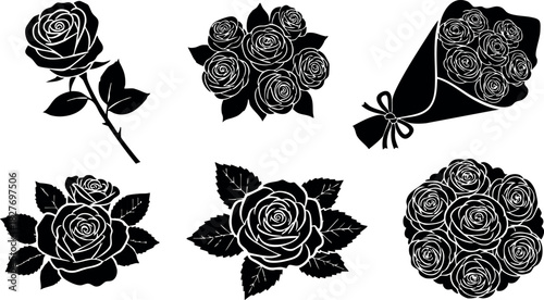 Rose flower bouquet single stem and cluster floral illustration set vector design elements