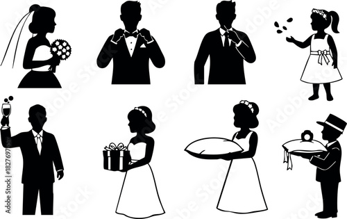 Wedding couple bride groom guests celebration party silhouette vector illustration